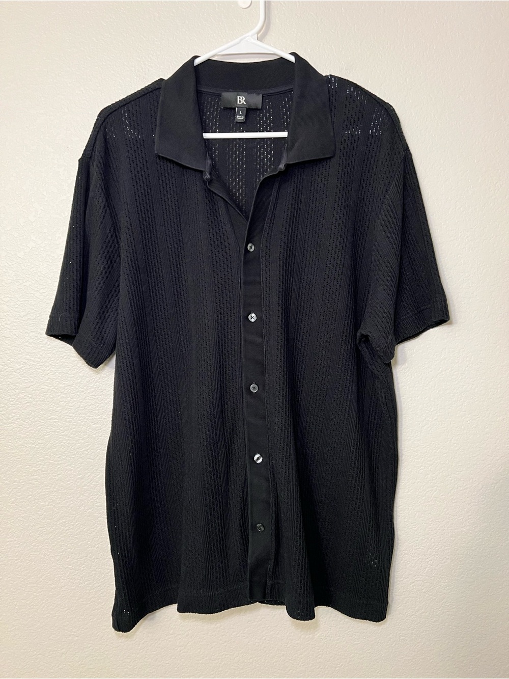 Banana Republic Black Open Knit Camp Collar Button Up Shirt Mens Large